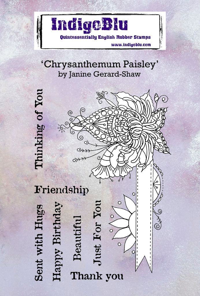 Chrysanthemum Paisley A6 Red Rubber Stamp by Janine Gerard-Shaw